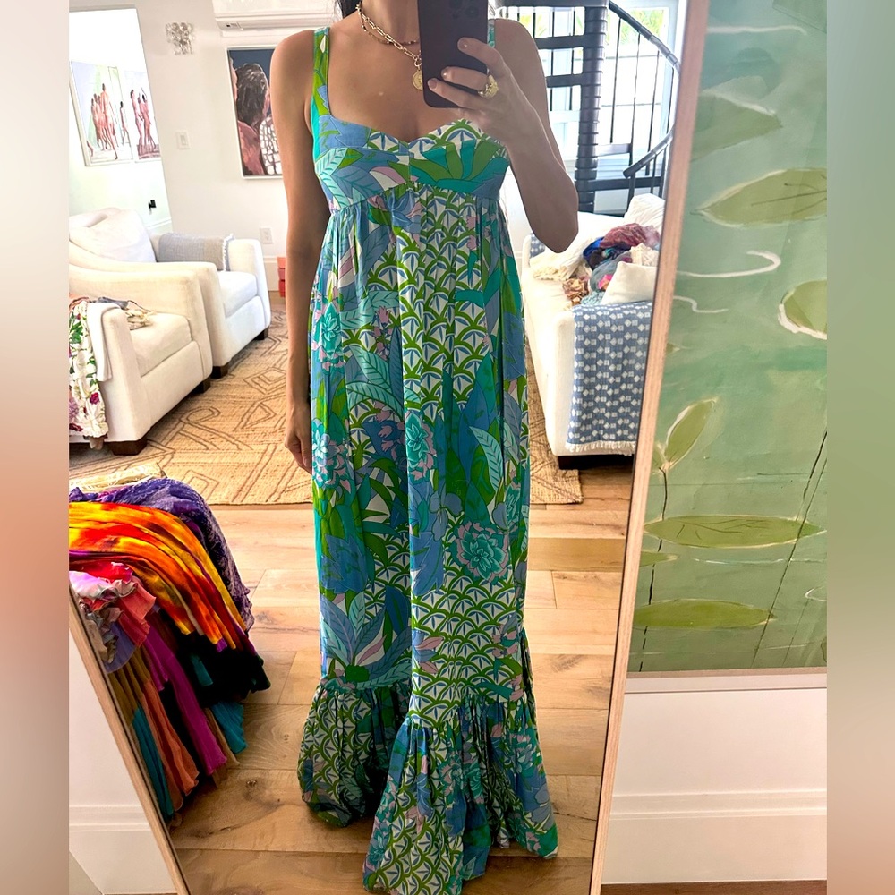 Vintage Tracy Feith Le Shack Collection Tropical Green and Blue Maxi Dress